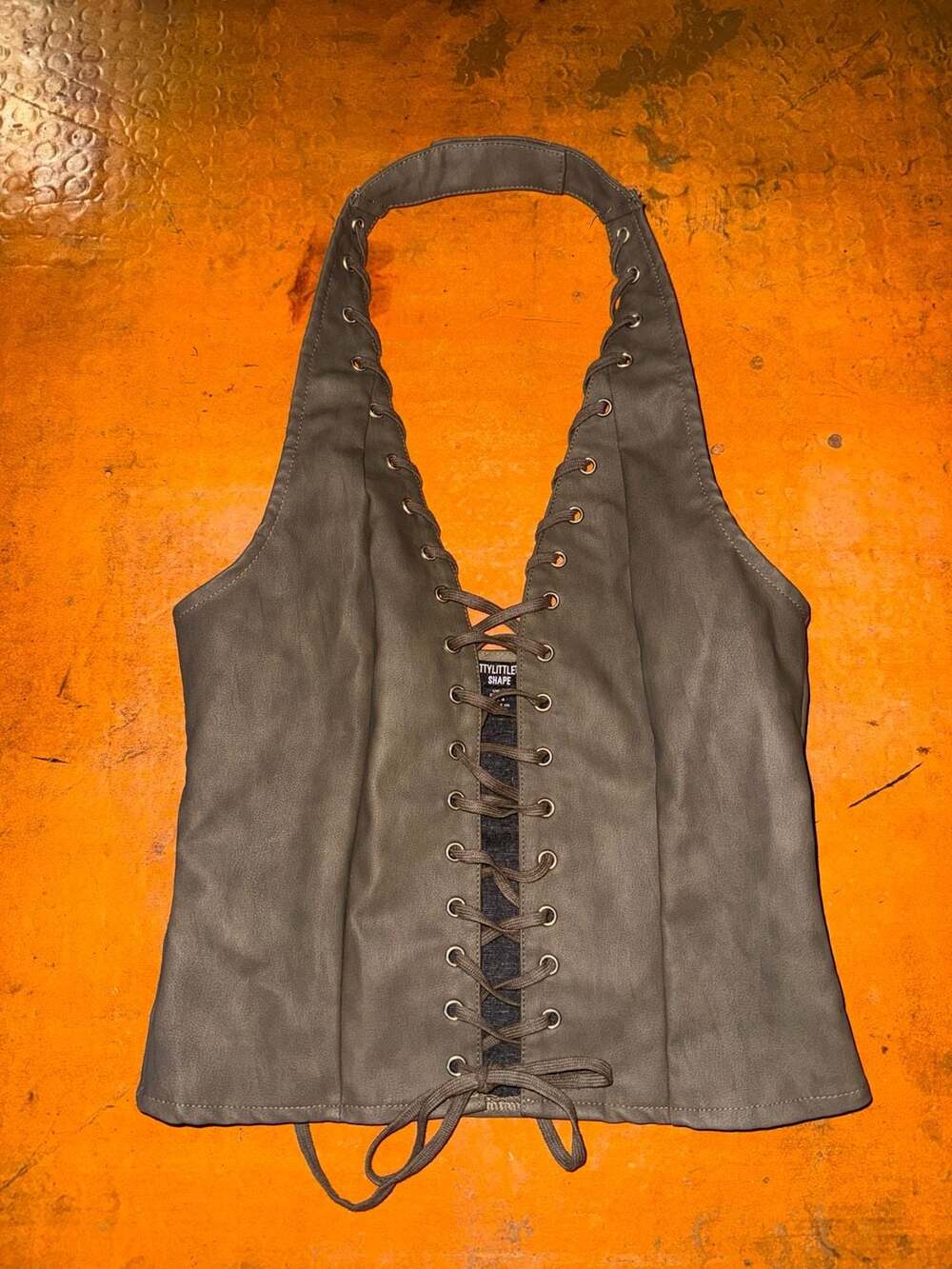 PrettyLittleThing Shape Faux Leather Halter Corset Size US 4 Khaki